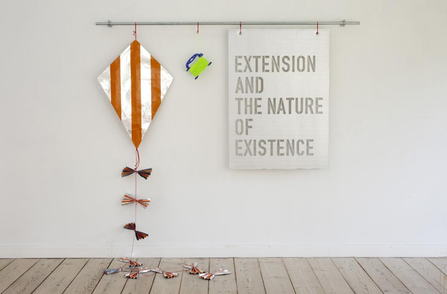 EXTENSION AND THE NATURE OF EXISTENCE, 2014. ALUMINIUM, TAPE, WOOD, CARDBOARD, CORD AND IRON TUBE.